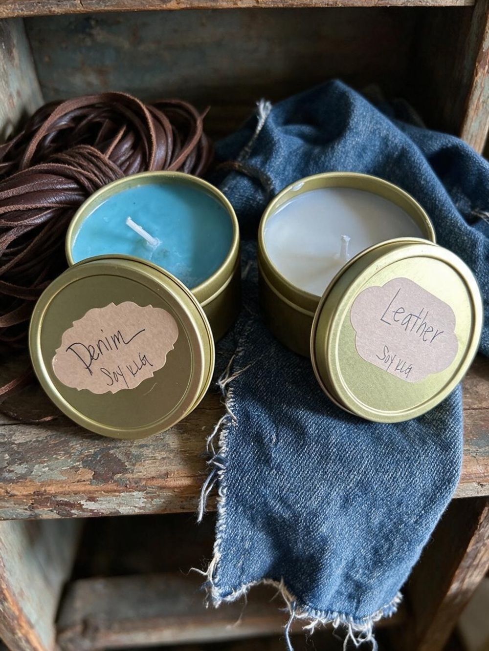 Hand-Poured “Masculine” Soy Tin Candles- 3 oz Choice of Denim or Leather- NWT